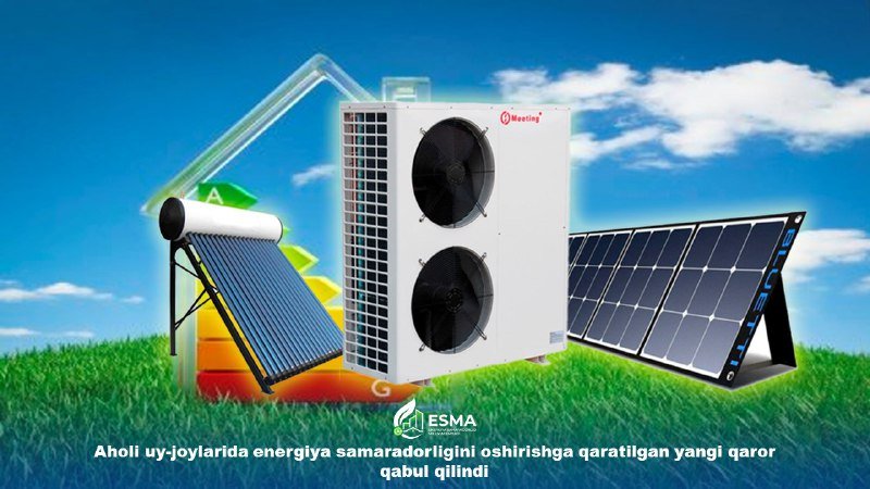 Illustration of a heat pump unit, a solar panel and a solar water heater on grass