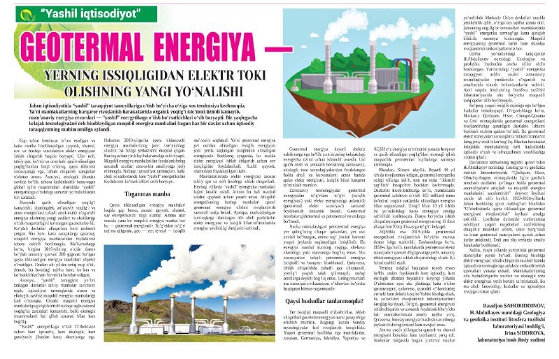 Newspaper page headlined “Geotermal energiya”