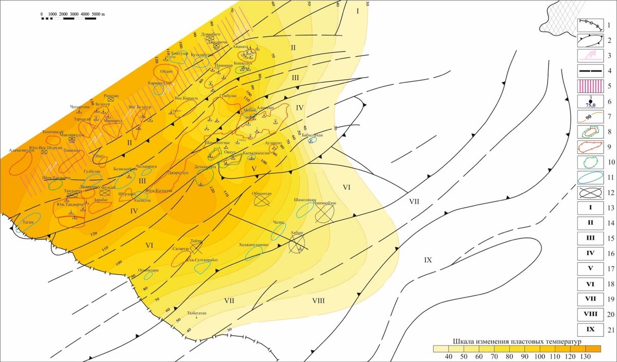 Map of the South-Western Gissar region shaded from yellow to orange by temperature, with isotherms, wells, structures and the state border