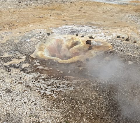 A steaming hot spring with mineral deposits