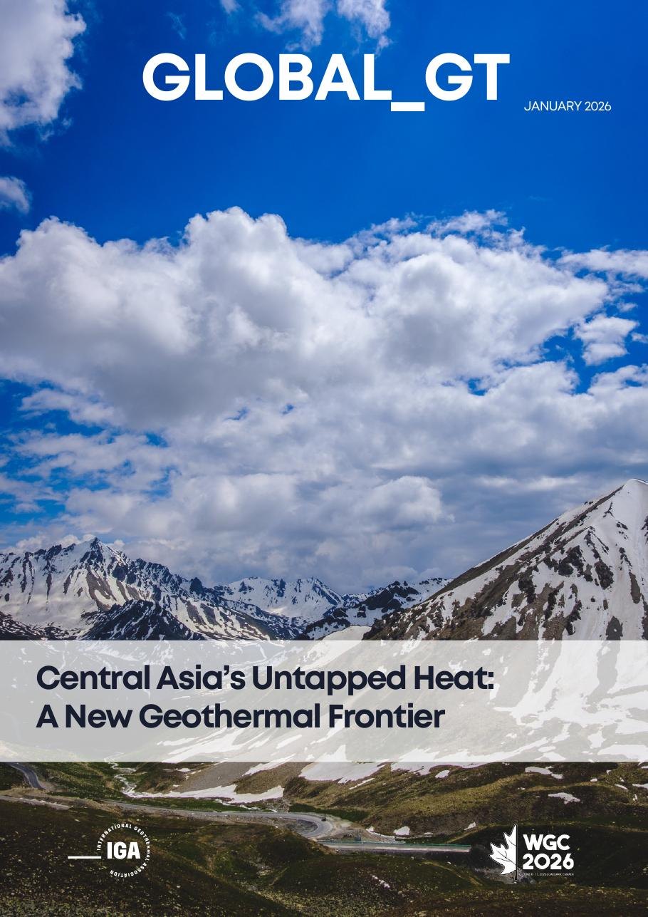 Magazine cover: snow-capped mountains under a blue sky, with the title Central Asia’s Untapped Heat: A New Geothermal Frontier