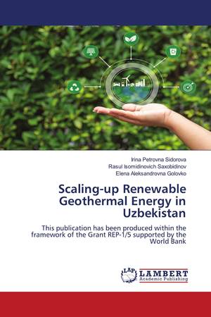 Book cover: a hand holding a glowing globe with green energy icons above it, and the title Scaling-up Renewable Geothermal Energy in Uzbekistan