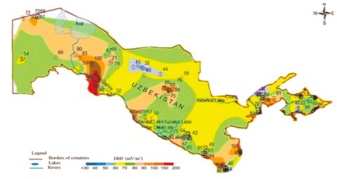 Map of Uzbekistan coloured by heat flow density, from below 30 to 200 mW/m², with measurement points; the highest values are in the west, near the Amu Darya